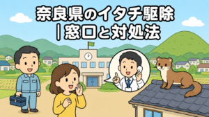 なだらかな緑の山並みと田畑・住宅地を背景に、市役所へ電話で相談する黄色い服の住民と受話器を持って応対する職員、瓦屋根に座るイタチ、工具箱を持つ水色の作業服の作業員を描いた、奈良県のイタチ駆除の窓口と対処法を表すいらすとや風イラスト