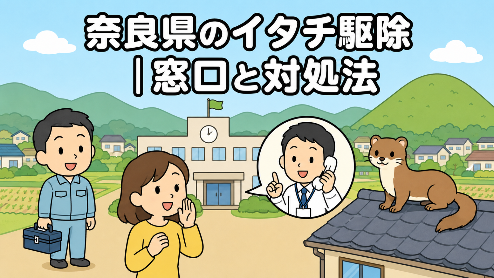 なだらかな緑の山並みと田畑・住宅地を背景に、市役所へ電話で相談する黄色い服の住民と受話器を持って応対する職員、瓦屋根に座るイタチ、工具箱を持つ水色の作業服の作業員を描いた、奈良県のイタチ駆除の窓口と対処法を表すいらすとや風イラスト