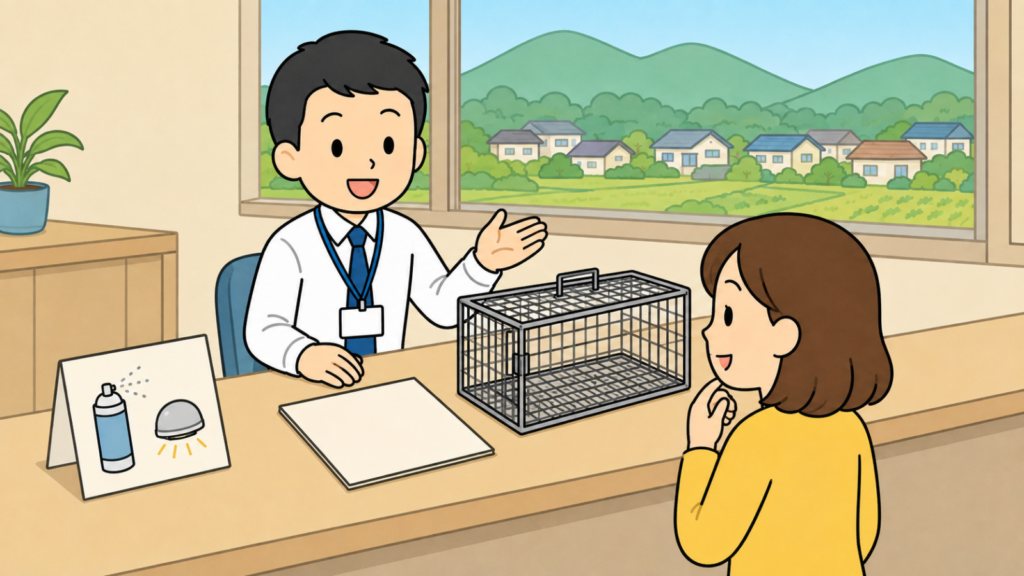 市役所の窓口カウンターで、名札姿の職員が申請書類と空の捕獲器を並べて笑顔で案内し、黄色い服の住民が相談する場面を描き、机の脇に忌避剤とライトの案内も添えた、奈良県の相談窓口と貸出制度を表すいらすとや風イラスト