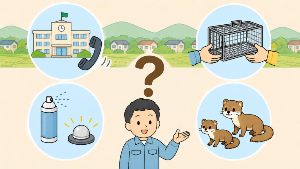 大きなはてなマークのまわりに、市役所と電話、空の捕獲器を手渡す貸出、忌避剤とライト、大きさの違う2匹のイタチの4コマを配置し、奈良県のイタチ駆除でよくある質問に作業員が答える様子を表したいらすとや風イラスト