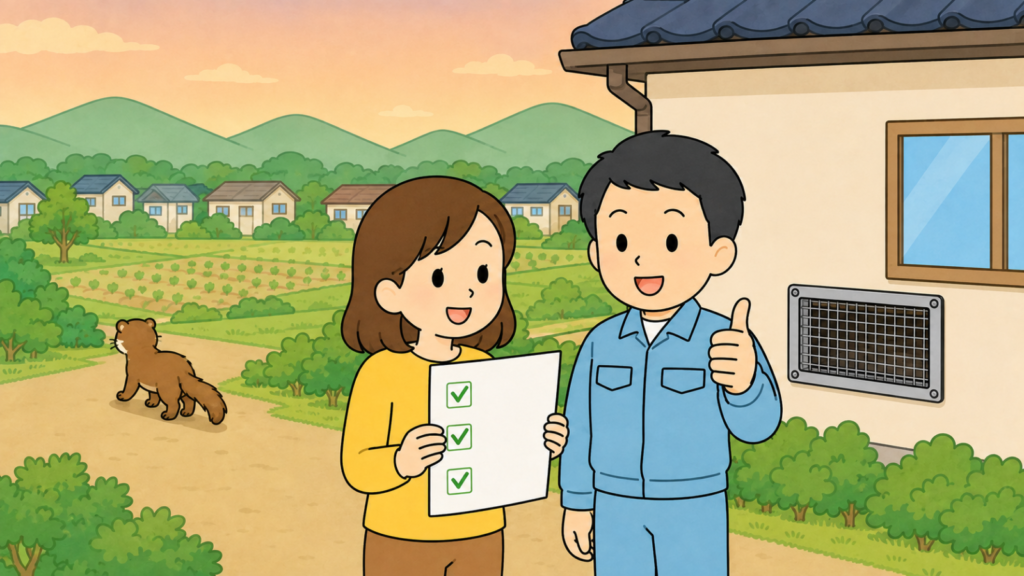 夕方の空と緑の山並み、田畑と住宅地を背景に、金網で封鎖された換気口のある家の前でチェックリストを確認する黄色い服の住民と親指を立てる作業員、緑地へ帰っていくイタチを描いた、対処のまとめを表すいらすとや風イラスト