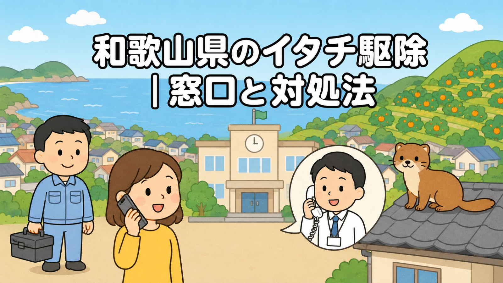 海と入り組んだ海岸線、みかん畑の丘と住宅地を背景に、スマートフォンで市役所へ相談する黄色い服の住民と受話器を持って応対する職員、瓦屋根に座るイタチ、工具箱を持つ水色の作業服の作業員を描いた、和歌山県のイタチ駆除の窓口と対処法を表すいらすとや風イラスト