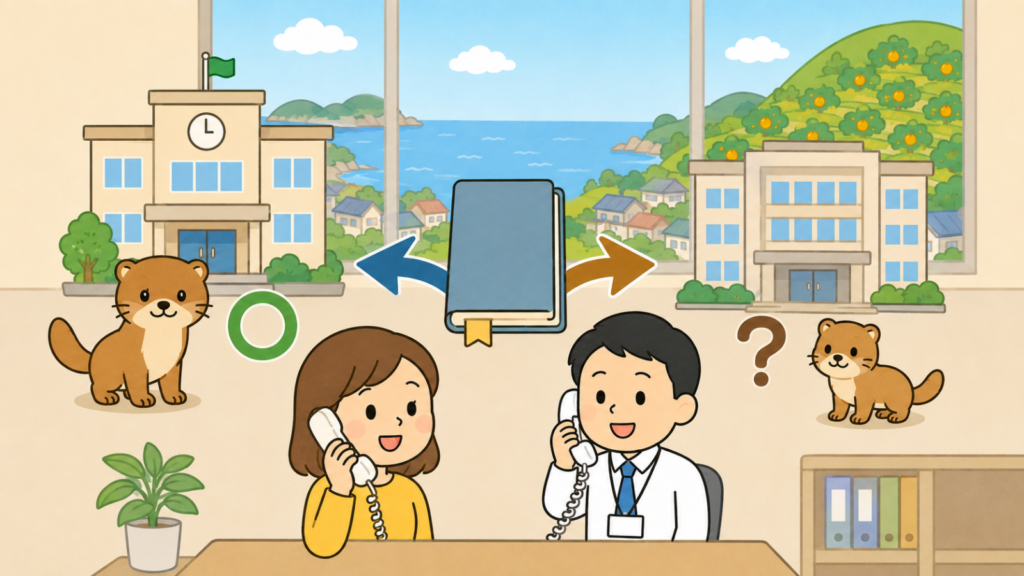 計画書風の冊子から左右へ矢印を伸ばし、市役所側に大きめのイタチと緑の丸、県庁側に小さめのイタチとはてなマークを添えて、和歌山県ではイタチのオスが市町村長の許可対象で雌雄により申請先が変わることを、電話で相談する住民と職員とともに表したいらすとや風イラスト