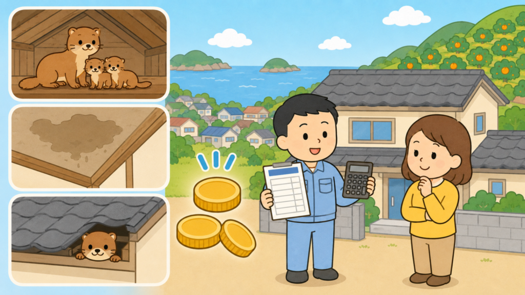天井裏の幼獣の親子や床に広がる糞尿のしみ、瓦屋根の隙間という困りごとの3コマと硬貨を添え、見積書と電卓を手に説明する作業員と話を聞く住民を描いた、業者に頼むべきケースと費用の目安を表すいらすとや風イラスト