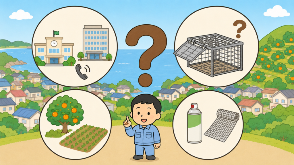 大きなはてなマークのまわりに、市役所と県庁と電話、空の捕獲器、みかんの木と畑、忌避剤と金網の4コマを配置し、和歌山県のイタチ駆除でよくある質問に水色の作業服の男性が答える様子を表したいらすとや風イラスト