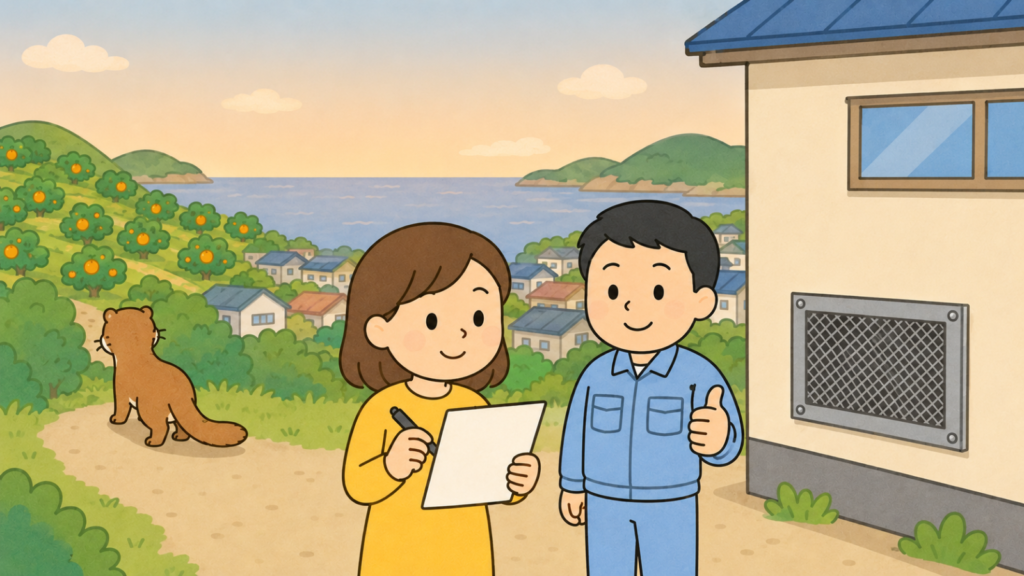 夕方の海とみかん畑の丘、住宅地を背景に、金網で封鎖された換気口のある家の前でチェックリストを確認する黄色い服の住民と親指を立てる作業員、緑地へ帰っていくイタチを描いた、対処のまとめを表すいらすとや風イラスト