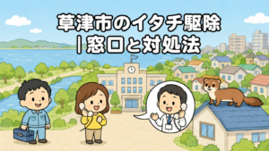 琵琶湖の湖岸と川沿いの緑地、住宅地を背景に、市役所へ電話で相談する黄色い服の住民と受話器を持って応対する職員、屋根に座るイタチ、工具箱を持つ水色の作業服の作業員を描いた、草津市のイタチ駆除の窓口と対処法を表すいらすとや風イラスト