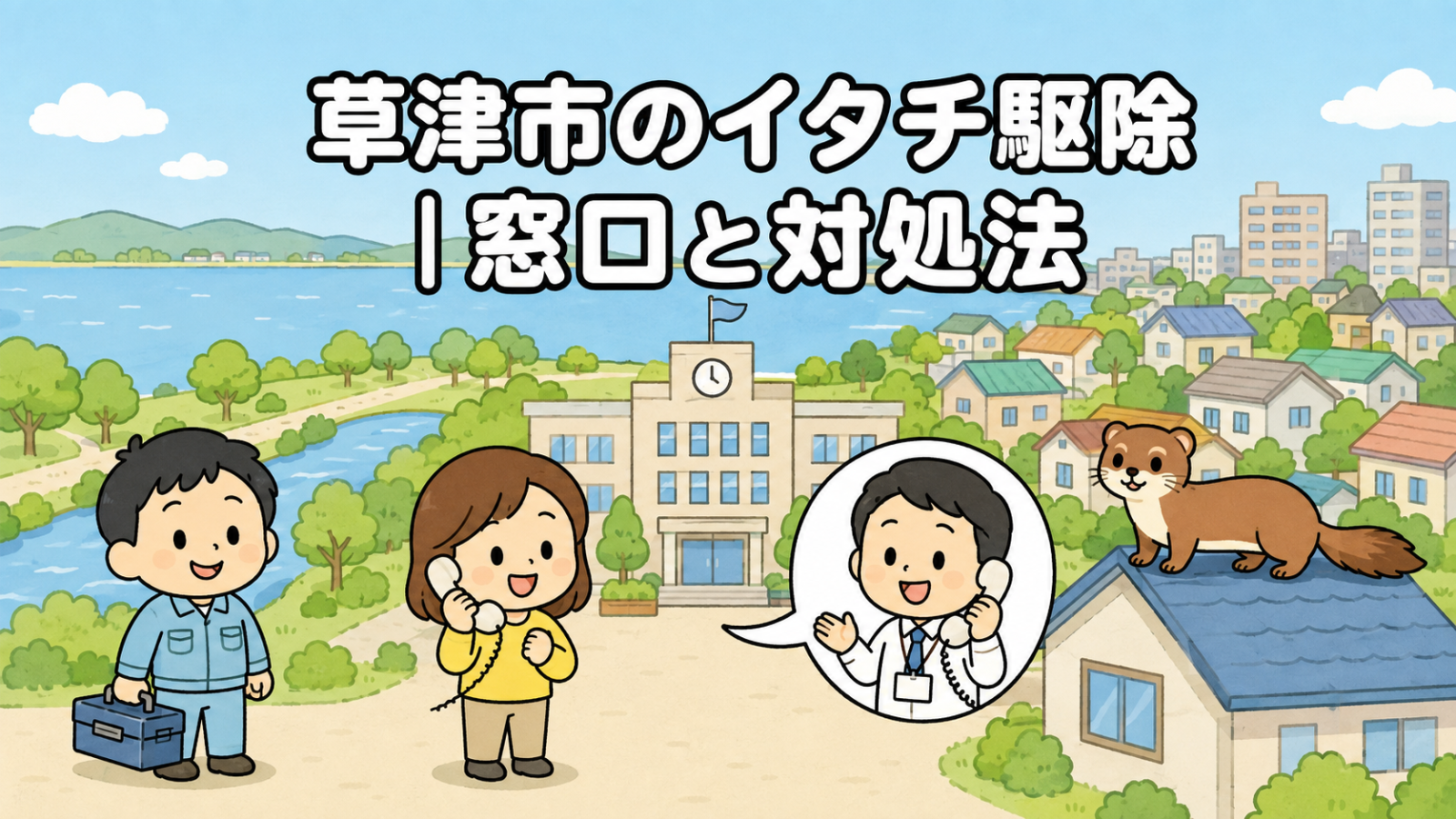 琵琶湖の湖岸と川沿いの緑地、住宅地を背景に、市役所へ電話で相談する黄色い服の住民と受話器を持って応対する職員、屋根に座るイタチ、工具箱を持つ水色の作業服の作業員を描いた、草津市のイタチ駆除の窓口と対処法を表すいらすとや風イラスト