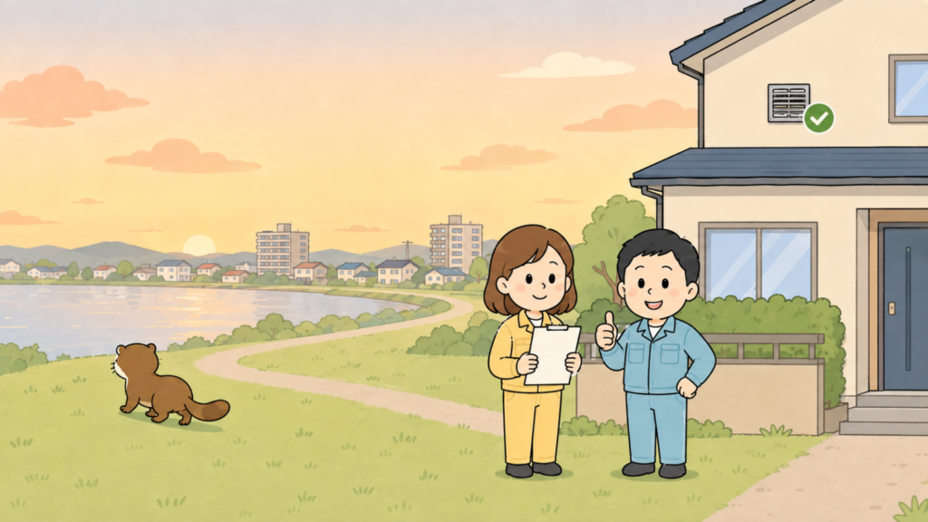 夕方の琵琶湖の湖岸と川沿いの道、住宅地を背景に、金網で封鎖された換気口のある家の前でチェックリストを確認する住民と親指を立てる作業員、湖岸の草地へ帰っていくイタチを描いた、対処のまとめを表すいらすとや風イラスト