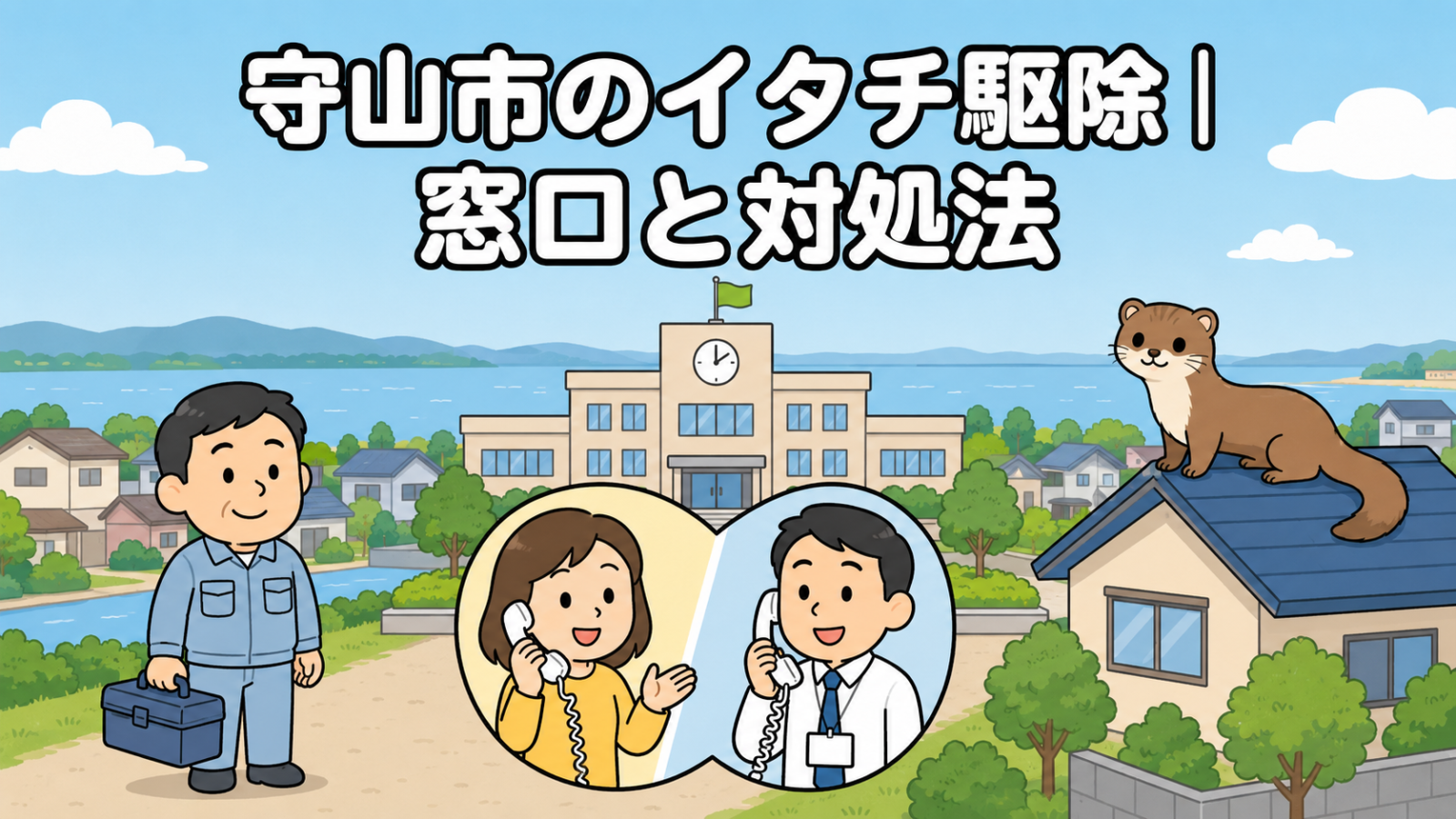 琵琶湖の湖岸と平坦な住宅地を背景に、市役所へ電話で相談する黄色い服の住民と受話器を持って応対する職員、屋根に座るイタチ、工具箱を持つ水色の作業服の作業員を描いた、守山市のイタチ駆除の窓口と対処法を表すいらすとや風イラスト