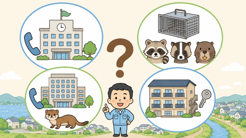 大きなはてなマークのまわりに、市役所と電話、箱わなとアライグマ・ハクビシン・ヌートリアの顔、県の事務所とイタチと電話、賃貸住宅と鍵の4コマを配置し、守山市のイタチ駆除でよくある質問に作業員が答える様子を表したいらすとや風イラスト