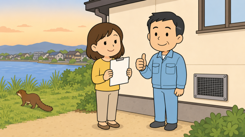 夕方の琵琶湖の湖岸と住宅地を背景に、金網で封鎖された換気口のある家の前でチェックリストを確認する黄色い服の住民と親指を立てる水色の作業服の作業員、湖岸の草地へ帰っていくイタチを描いた、対処のまとめを表すいらすとや風イラスト