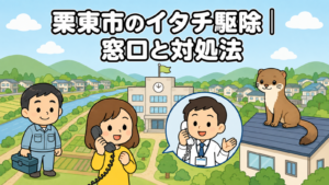 なだらかな緑の丘と田畑、住宅地を背景に、市役所へ電話で相談する黄色い服の住民と受話器を持って応対する職員、屋根に座るイタチ、工具箱を持つ水色の作業服の作業員を描いた、栗東市のイタチ駆除の窓口と対処法を表すいらすとや風イラスト