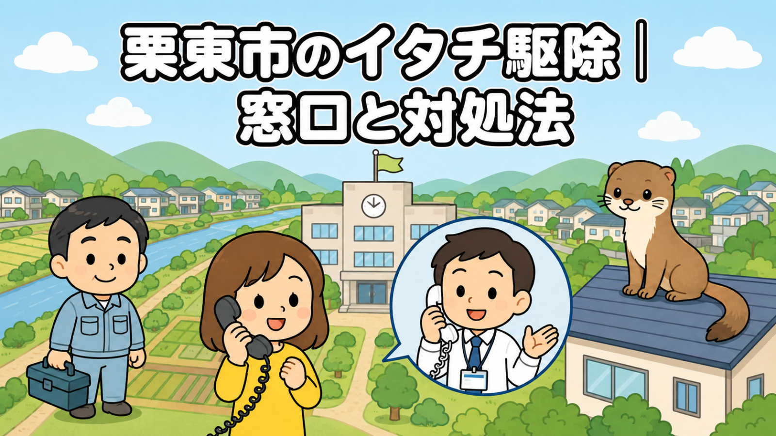 なだらかな緑の丘と田畑、住宅地を背景に、市役所へ電話で相談する黄色い服の住民と受話器を持って応対する職員、屋根に座るイタチ、工具箱を持つ水色の作業服の作業員を描いた、栗東市のイタチ駆除の窓口と対処法を表すいらすとや風イラスト