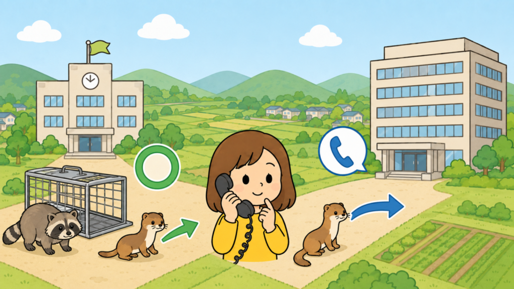 市役所側に箱わなとアライグマと緑の丸、県の事務所側へ向かうイタチと青い矢印を描き、中央で電話を持つ住民が相談先を確かめる様子で、栗東市のわな貸出はアライグマ専用でイタチの許可は県であることを表したいらすとや風イラスト