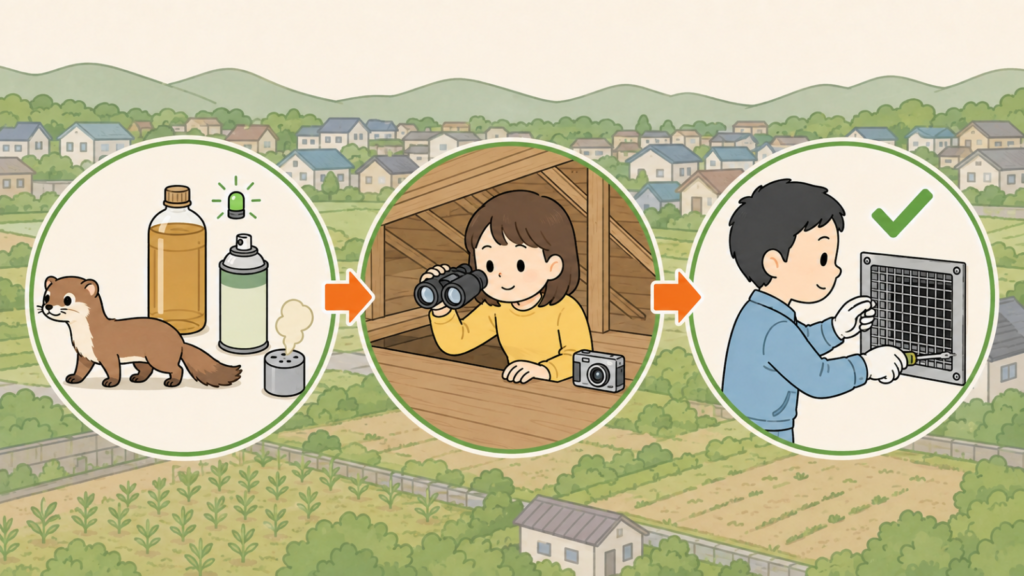 木酢液や忌避剤・くん煙剤・点滅ライトで離れていくイタチ、双眼鏡とカメラで天井裏を確かめる住民、換気口に金網を取り付ける作業員の3コマを矢印でつなぎ、自分でできる追い出しと再侵入防止の流れを表したいらすとや風イラスト