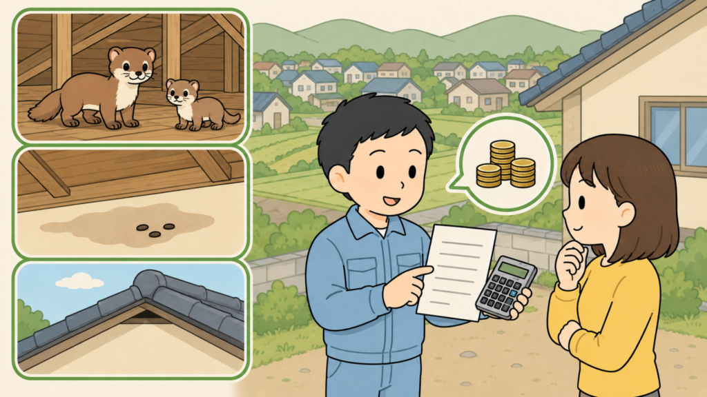 天井裏の幼獣の親子や床に広がる糞尿のしみ、屋根の隙間という困りごとの3コマと硬貨を添え、見積書と電卓を手に説明する作業員と話を聞く住民を描いた、業者に頼むべきケースと費用の目安を表すいらすとや風イラスト