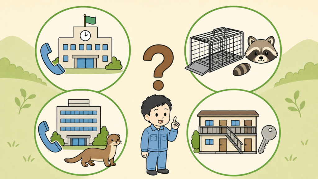 大きなはてなマークのまわりに、市役所と電話、箱わなとアライグマの顔、県の事務所とイタチと電話、賃貸住宅と鍵の4コマを配置し、栗東市のイタチ駆除でよくある質問に作業員が答える様子を表したいらすとや風イラスト