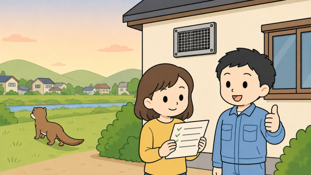 夕方の緑の丘と川沿いの住宅地を背景に、金網で封鎖された換気口のある家の前でチェックリストを確認する黄色い服の住民と親指を立てる水色の作業服の作業員、緑地へ帰っていくイタチを描いた、対処のまとめを表すいらすとや風イラスト