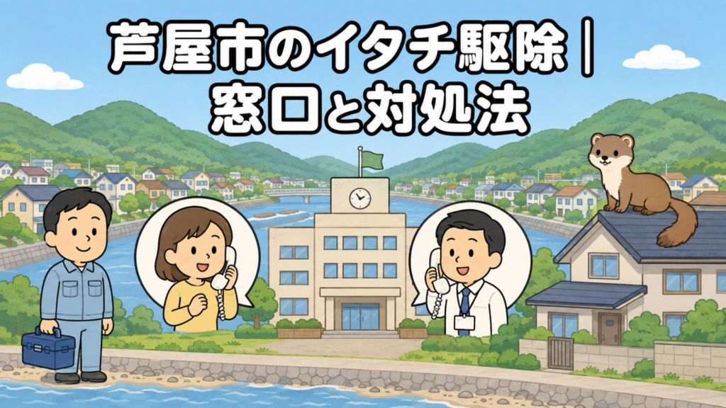 緑の山なみと川、海沿いの住宅地を背景に、市役所へ電話で相談する黄色い服の住民と受話器を持って応対する職員、屋根に座るイタチ、工具箱を持つ水色の作業服の作業員を描いた、芦屋市のイタチ駆除の窓口と対処法を表すいらすとや風イラスト