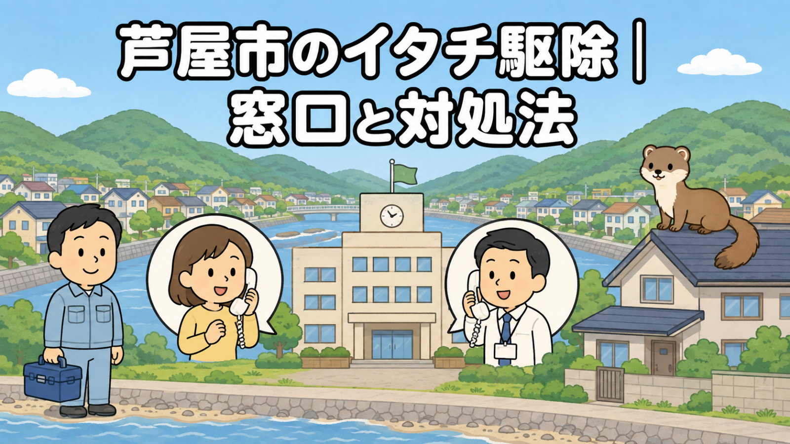 緑の山なみと川、海沿いの住宅地を背景に、市役所へ電話で相談する黄色い服の住民と受話器を持って応対する職員、屋根に座るイタチ、工具箱を持つ水色の作業服の作業員を描いた、芦屋市のイタチ駆除の窓口と対処法を表すいらすとや風イラスト
