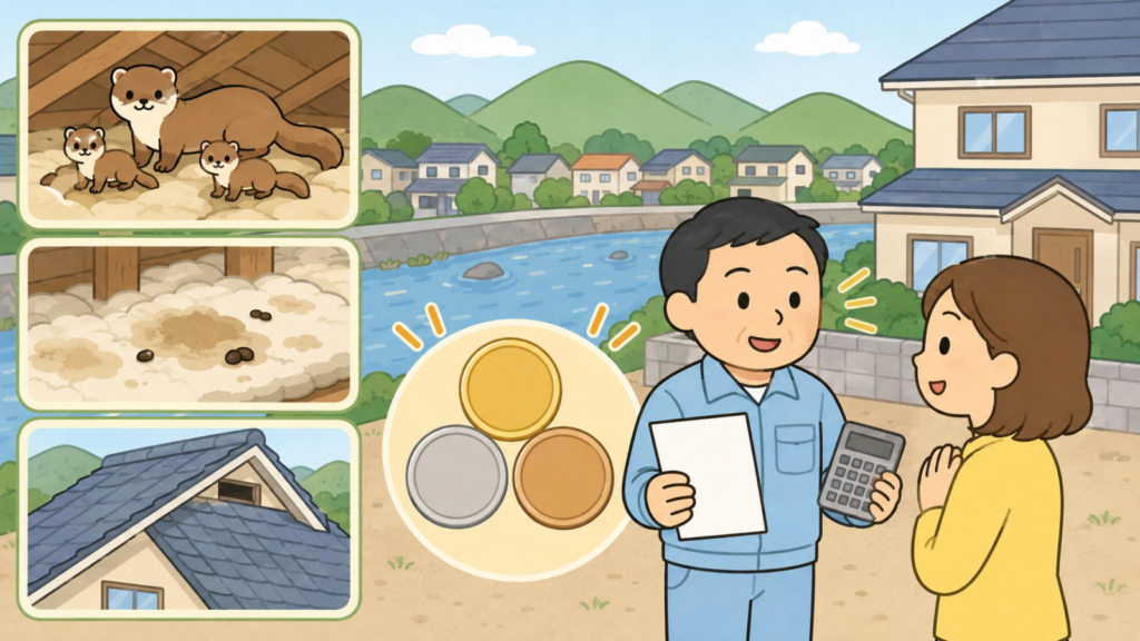 天井裏の幼獣の親子や断熱材に広がる糞尿のしみ、屋根の隙間という困りごとの3コマと硬貨を添え、見積書と電卓を手に説明する作業員と話を聞く住民を描いた、業者に頼むべきケースと費用の目安を表すいらすとや風イラスト