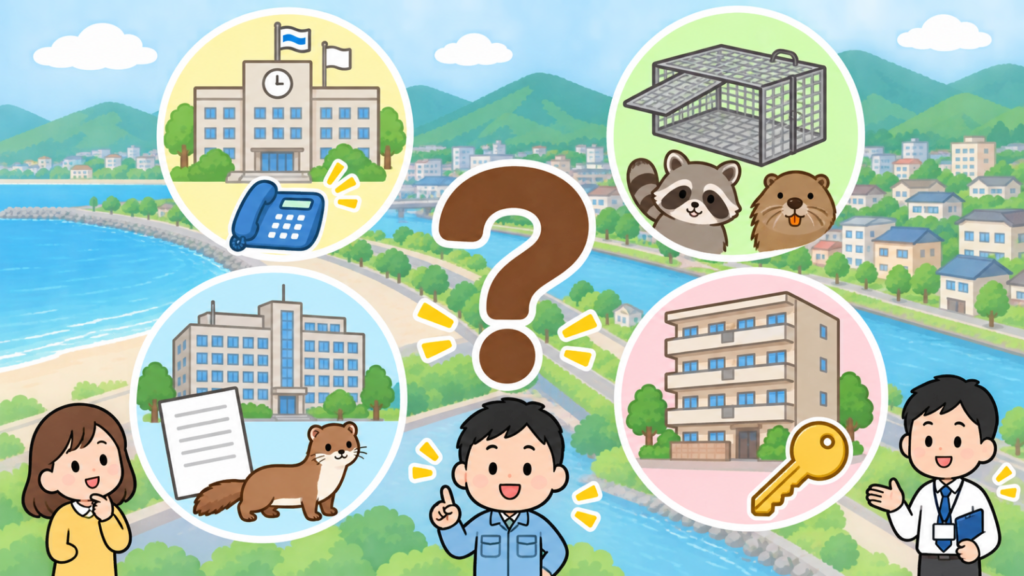大きなはてなマークのまわりに、市役所と電話、捕獲檻とアライグマ・ヌートリアの顔、県の建物と申請書とイタチ、賃貸住宅と鍵の4コマを配置し、芦屋市のイタチ駆除でよくある質問に作業員が答える様子を表したいらすとや風イラスト