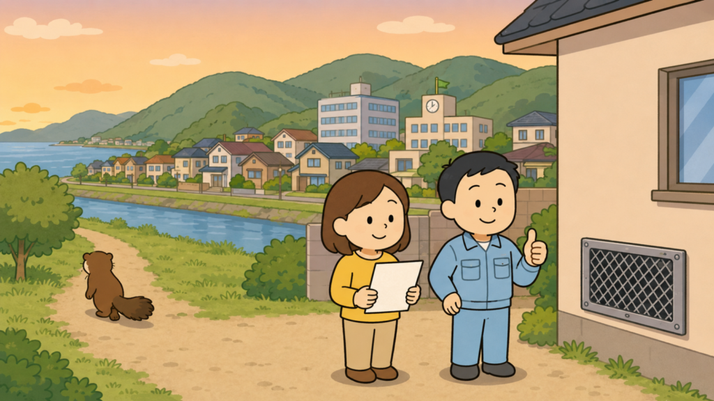 夕方の山なみと海、川沿いの住宅地を背景に、金網で封鎖された換気口のある家の前でチェックリストを確認する黄色い服の住民と親指を立てる水色の作業服の作業員、川沿いの緑地へ帰っていくイタチを描いた、対処のまとめを表すいらすとや風イラスト