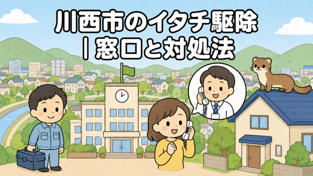 川沿いの市街地と山あいの住宅地を背景に、市役所へ電話で相談する黄色い服の住民と受話器を持って応対する職員、屋根に座るイタチ、工具箱を持つ水色の作業服の作業員を描いた、川西市のイタチ駆除の窓口と対処法を表すいらすとや風イラスト