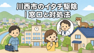 川沿いの市街地と山あいの住宅地を背景に、市役所へ電話で相談する黄色い服の住民と受話器を持って応対する職員、屋根に座るイタチ、工具箱を持つ水色の作業服の作業員を描いた、川西市のイタチ駆除の窓口と対処法を表すいらすとや風イラスト
