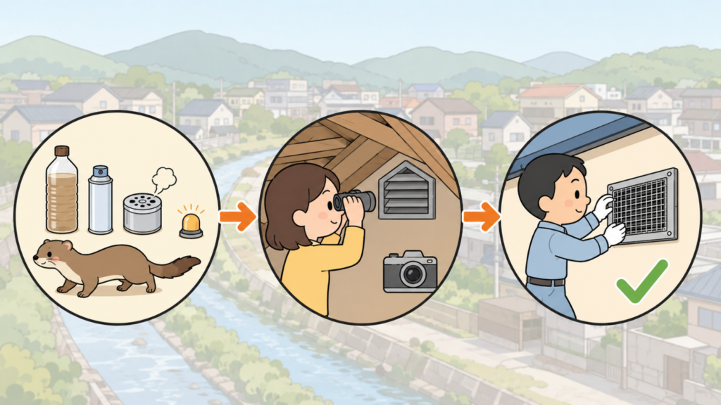 木酢液や忌避剤・くん煙剤・点滅ライトで離れていくイタチ、双眼鏡とカメラで天井裏を確かめる住民、換気口に金網を取り付ける作業員の3コマを矢印でつなぎ、自分でできる追い出しと再侵入防止の流れを表したいらすとや風イラスト