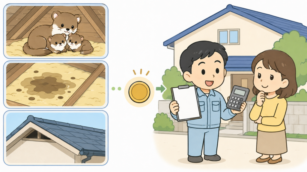 天井裏の幼獣の親子や断熱材に広がる糞尿のしみ、屋根の隙間という困りごとの3コマと硬貨を添え、見積書と電卓を手に説明する作業員と話を聞く住民を描いた、業者に頼むべきケースと費用の目安を表すいらすとや風イラスト