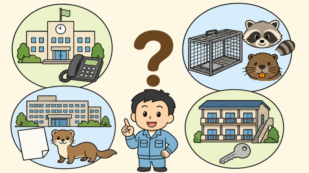 大きなはてなマークのまわりに、市役所と電話、箱わなとアライグマ・ヌートリアの顔、県の建物と申請書とイタチ、賃貸住宅と鍵の4コマを配置し、川西市のイタチ駆除でよくある質問に作業員が答える様子を表したいらすとや風イラスト