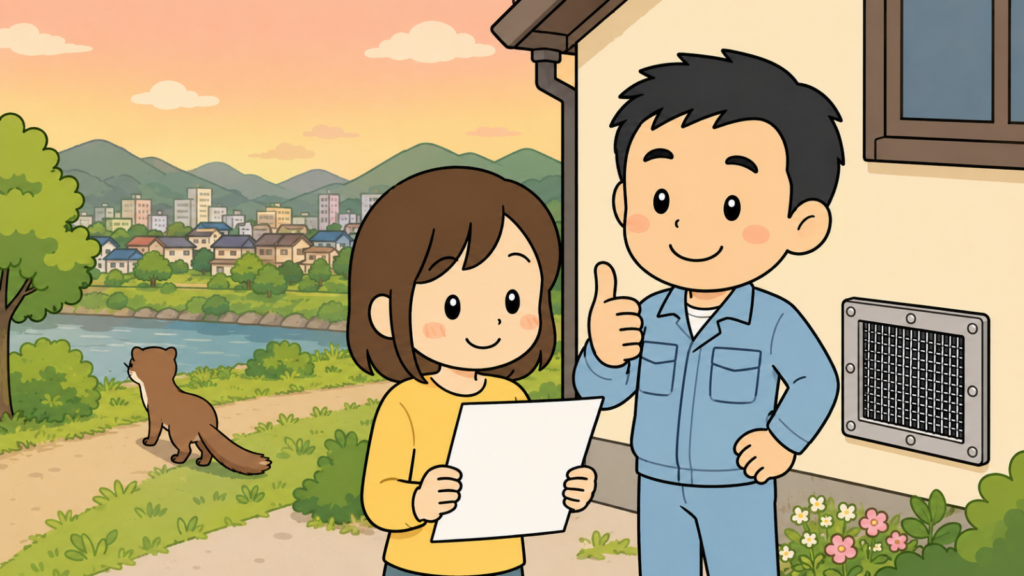 夕方の川沿いの緑地と山あいの住宅地を背景に、金網で封鎖された換気口のある家の前でチェックリストを確認する黄色い服の住民と親指を立てる水色の作業服の作業員、川沿いへ帰っていくイタチを描いた、対処のまとめを表すいらすとや風イラスト