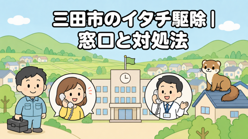 なだらかな山なみと田畑、ニュータウンの住宅地を背景に、市役所へ電話で相談する黄色い服の住民と受話器を持って応対する職員、屋根に座るイタチ、工具箱を持つ水色の作業服の作業員を描いた、三田市のイタチ駆除の窓口と対処法を表すいらすとや風イラスト