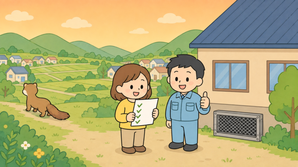 夕方の山なみと田畑、住宅地を背景に、金網で封鎖された換気口のある家の前でチェックリストを確認する黄色い服の住民と親指を立てる水色の作業服の作業員、緑地へ帰っていくイタチを描いた、対処のまとめを表すいらすとや風イラスト