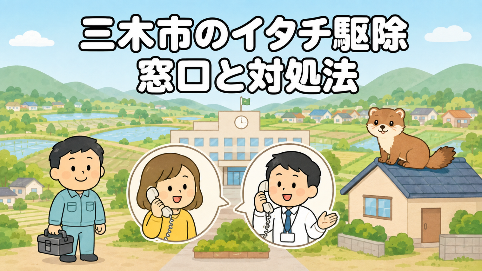 ため池と田畑が点在する丘陵地と住宅地を背景に、市役所へ電話で相談する黄色い服の住民と受話器を持って応対する職員、屋根に座るイタチ、工具箱を持つ水色の作業服の作業員を描いた、三木市のイタチ駆除の窓口と対処法を表すいらすとや風イラスト