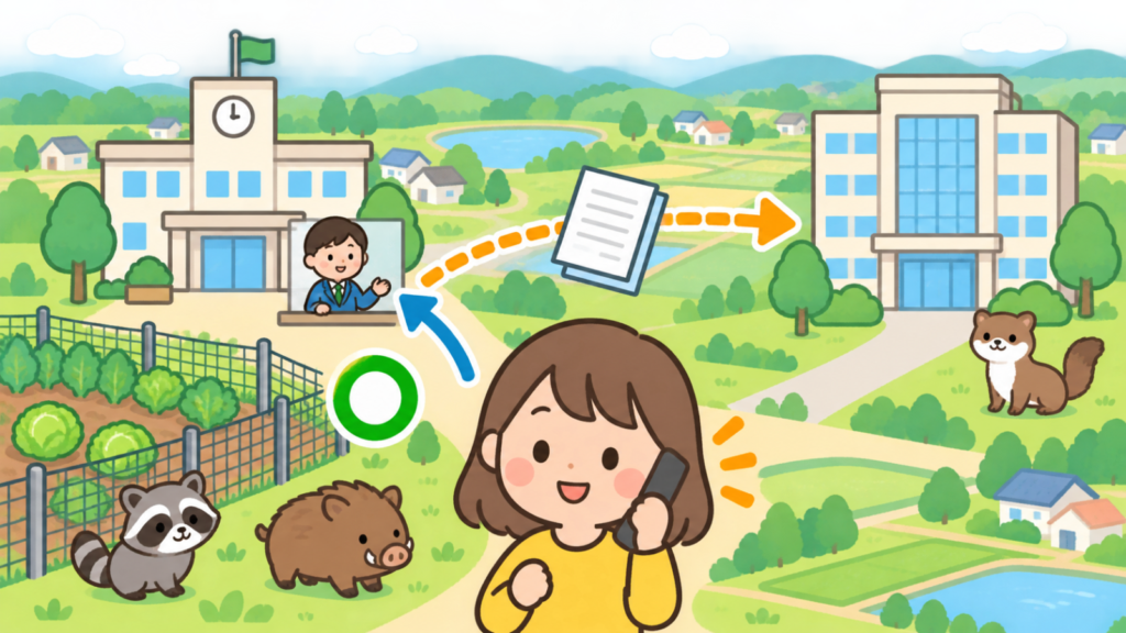 市役所側に畑の作物とメッシュ柵、アライグマとイノシシを例として描き、県の建物へ申請書が渡る矢印とイタチを添えて、三木市の対策は農業被害の防止が中心でイタチの許可は県の仕組みであることを表したいらすとや風イラスト
