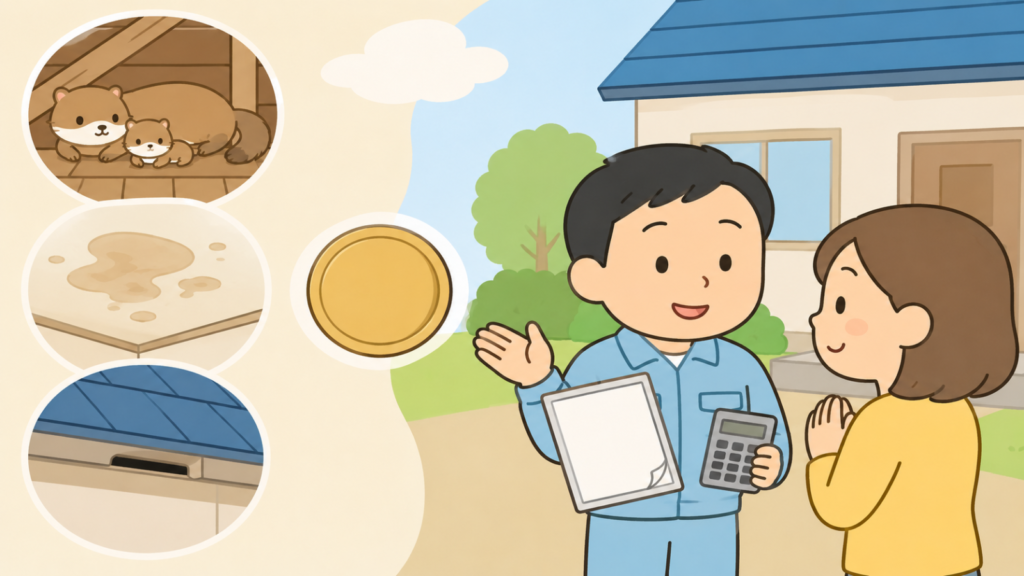 天井裏の幼獣の親子や天井に広がる糞尿のしみ、屋根の隙間という困りごとの3コマと硬貨を添え、見積書と電卓を手に説明する作業員と話を聞く住民を描いた、業者に頼むべきケースと費用の目安を表すいらすとや風イラスト