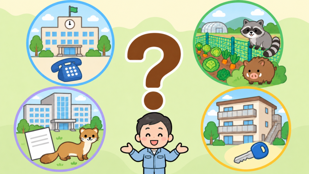 大きなはてなマークのまわりに、市役所と電話、畑とメッシュ柵とアライグマ・イノシシ、県の建物と申請書とイタチ、賃貸住宅と鍵の4コマを配置し、三木市のイタチ駆除でよくある質問に作業員が答える様子を表したいらすとや風イラスト