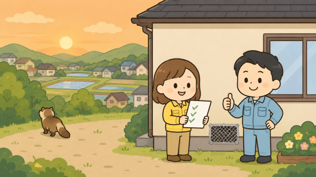 夕方のため池と田畑、丘陵の住宅地を背景に、金網で封鎖された換気口のある家の前でチェックリストを確認する黄色い服の住民と親指を立てる作業員、緑地へ帰っていくイタチを描いた、対処のまとめを表すいらすとや風イラスト