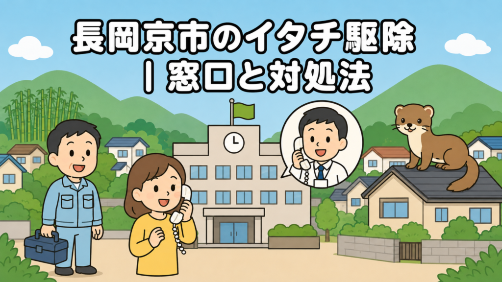 なだらかな山なみと竹林、落ち着いた住宅地を背景に、時計と旗のある市役所と電話で相談する住民女性、受話器を持つ職員、屋根に座るイタチ、工具箱を持つ作業員を配置した長岡京市のイタチ駆除の窓口と対処法を表すいらすとや風イラスト