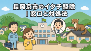 なだらかな山なみと竹林、落ち着いた住宅地を背景に、時計と旗のある市役所と電話で相談する住民女性、受話器を持つ職員、屋根に座るイタチ、工具箱を持つ作業員を配置した長岡京市のイタチ駆除の窓口と対処法を表すいらすとや風イラスト