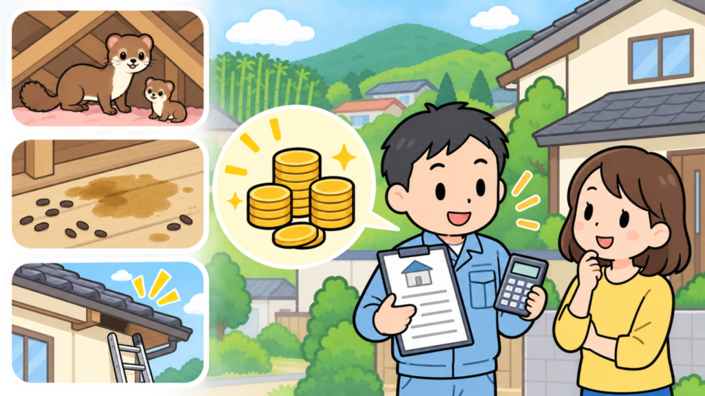 天井裏の幼獣の親子や広がる糞尿のしみ、高い屋根の隙間を小さなコマで示し、見積書と電卓を手に説明する作業員と話を聞く住民女性、硬貨のアイコンを添えて業者に頼むべき場面と費用の目安を表したいらすとや風イラスト