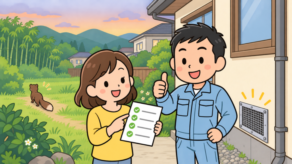 夕方の竹林と山なみ、住宅地を背景に、金網で封鎖された換気口のある家の前でチェックリストを持つ住民女性と親指を立てる作業員、緑地へ帰っていくイタチを描き、窓口相談を起点にした対処を表すいらすとや風イラスト