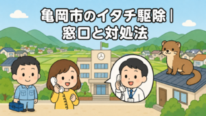なだらかな山なみと田園の広がる住宅地を背景に、時計と旗のある市役所と電話で相談する住民女性、受話器を持つ職員、屋根に座るイタチ、工具箱を持つ作業員を配置した亀岡市のイタチ駆除の窓口と対処法を表すいらすとや風イラスト