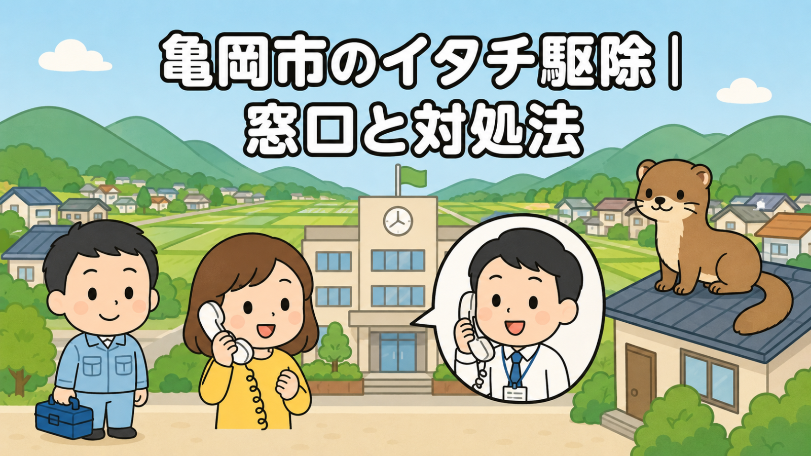 なだらかな山なみと田園の広がる住宅地を背景に、時計と旗のある市役所と電話で相談する住民女性、受話器を持つ職員、屋根に座るイタチ、工具箱を持つ作業員を配置した亀岡市のイタチ駆除の窓口と対処法を表すいらすとや風イラスト