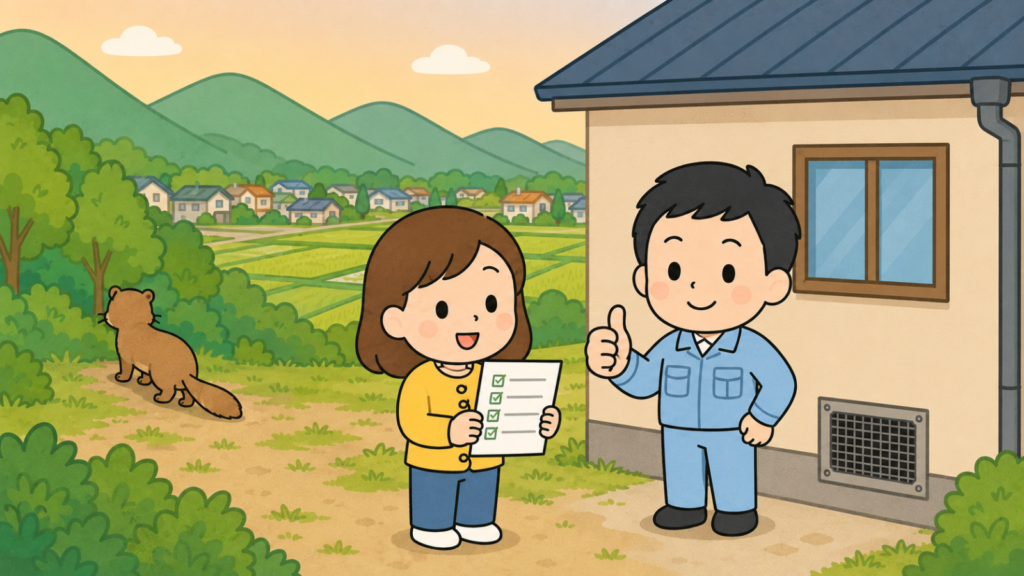 夕方の山なみと田園、住宅地を背景に、金網で封鎖された換気口のある家の前でチェックリストを持つ住民女性と親指を立てる作業員、緑地へ帰っていくイタチを描き、窓口相談を起点にした対処を表すいらすとや風イラスト