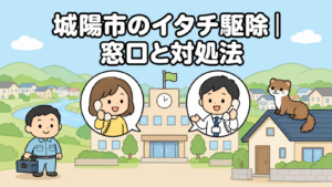 川沿いの平地と丘陵の緑が広がる住宅地を背景に、時計と旗のある市役所と電話で相談する住民女性、受話器を持つ職員、屋根に座るイタチ、工具箱を持つ作業員を配置した城陽市のイタチ駆除の窓口と対処法を表すいらすとや風イラスト