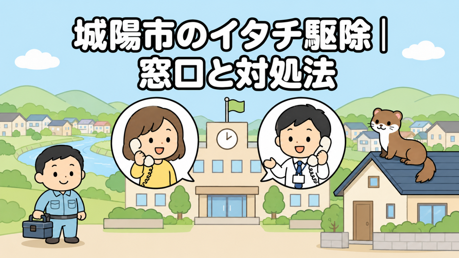川沿いの平地と丘陵の緑が広がる住宅地を背景に、時計と旗のある市役所と電話で相談する住民女性、受話器を持つ職員、屋根に座るイタチ、工具箱を持つ作業員を配置した城陽市のイタチ駆除の窓口と対処法を表すいらすとや風イラスト